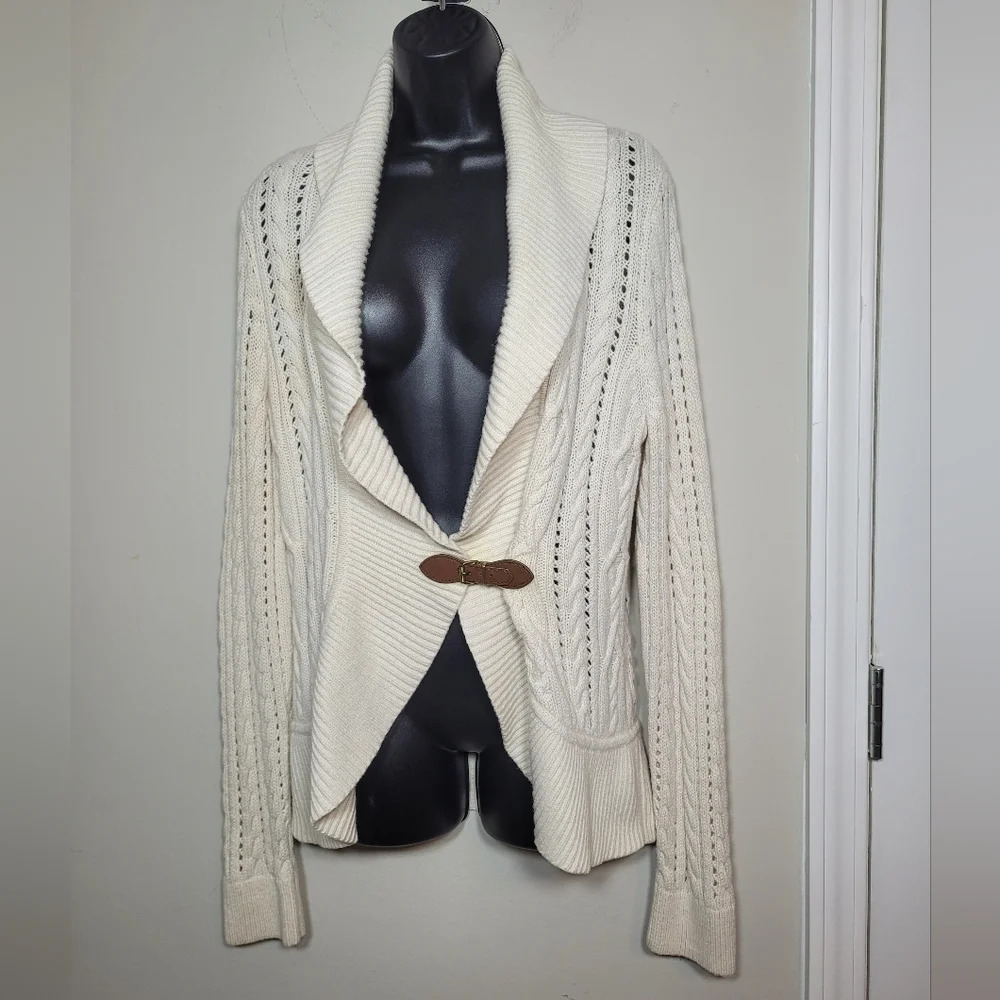 Talbots Cable Knit Cardigan Sweater with Lambswool And Leather Buckle sz M